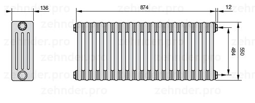 Схема (чертеж) Радиатор Zehnder Charleston 4055/19 №7610 Белый глянцевый RAL 9016